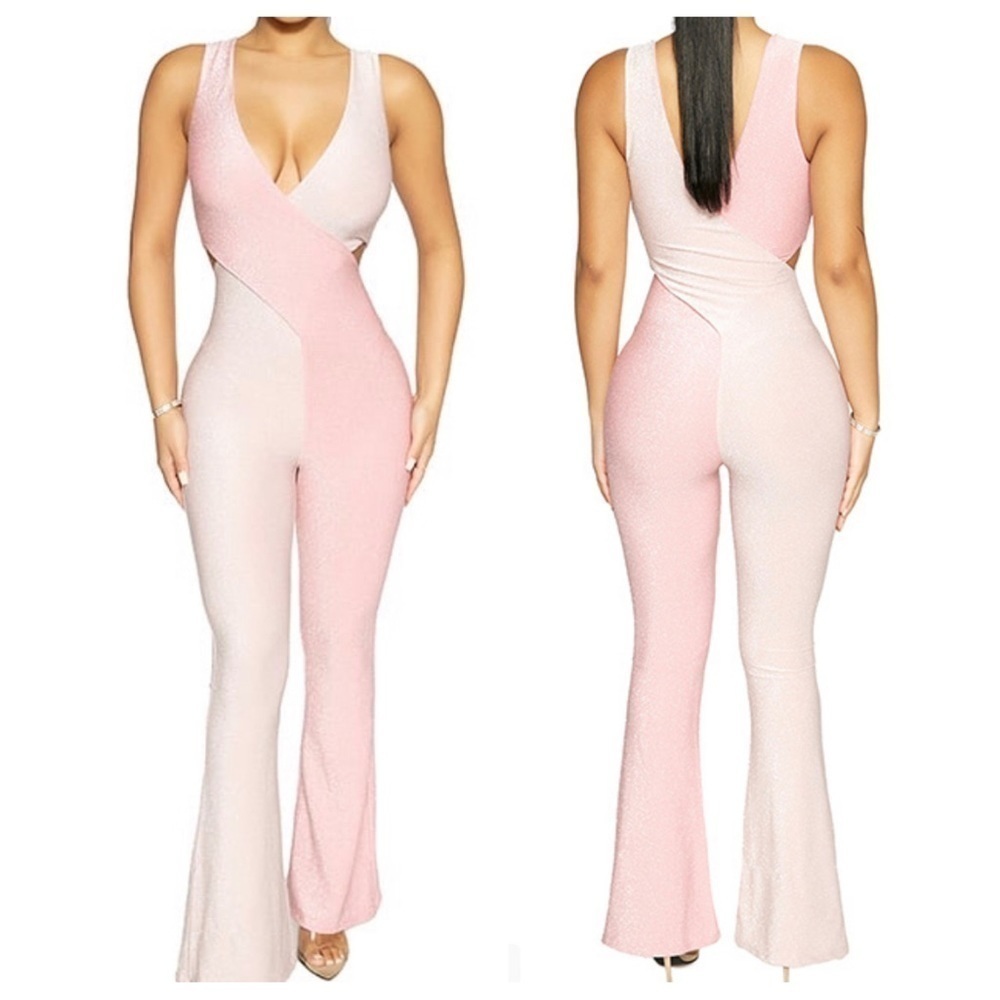 Naked Wardrobe Glow About It pink shimmer crossover flare jumpsuit large